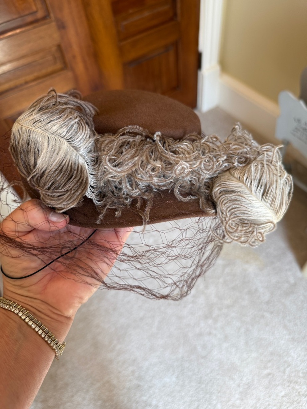Vintage Brown Felt Pillbox Hat with Decorative feather details